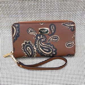 Michael Kors New Brown/Tan Paisley Leather Zip Wallet/Wristlet